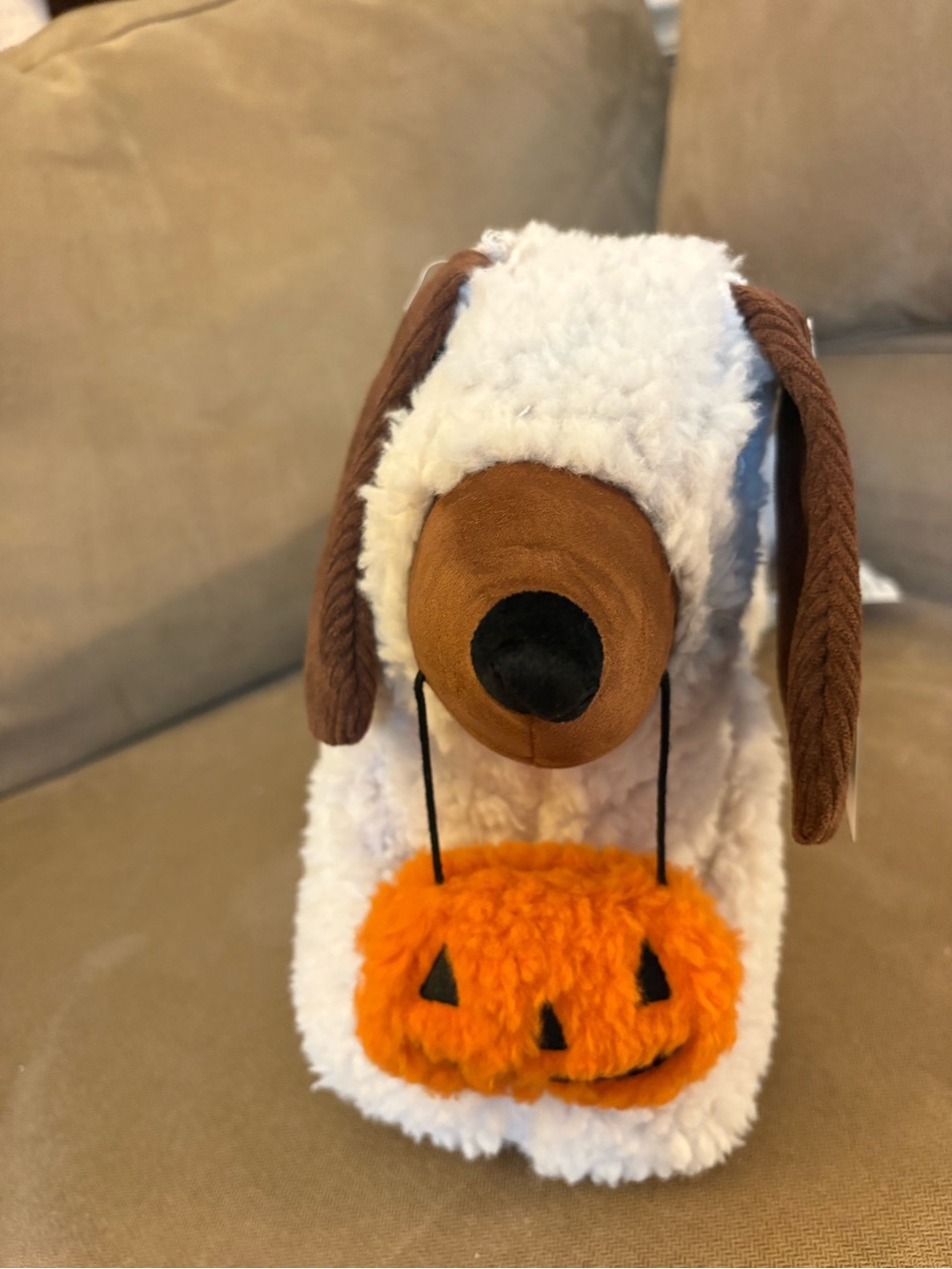 Plush Dachshund Halloween Pillow - White & Brown with Orange Pumpkin